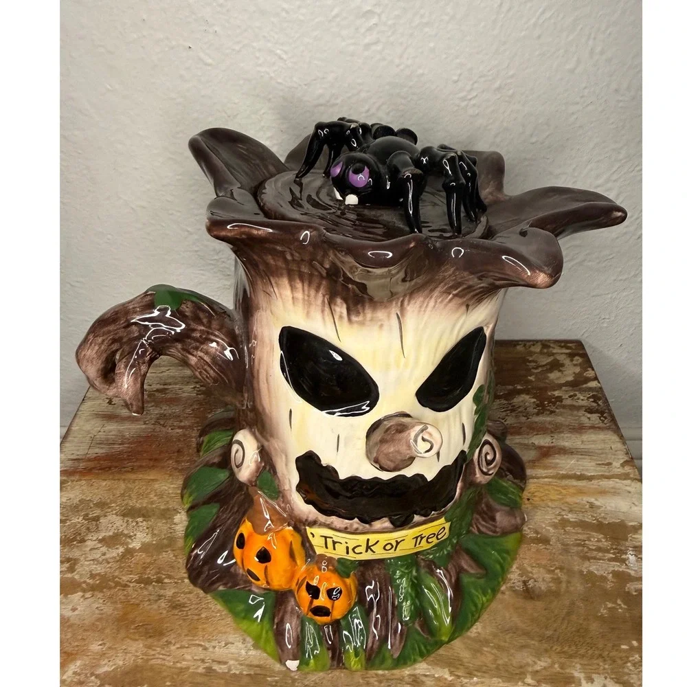 Blue Sky Halloween Webster Trick or Tree Ceramic Cookie Jar Canister Spider Lid